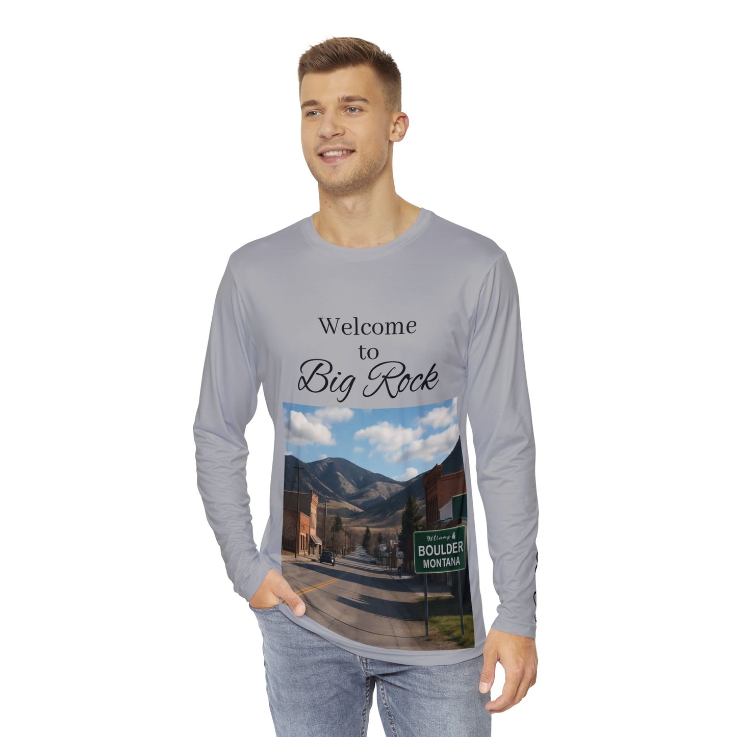 Don Hustler Men's Long Sleeve Boulder Mt Tee with Montana Scene - Urban Fashion, Outdoor Style, Casual Wear, Gift for Him, Travel Enthusiast