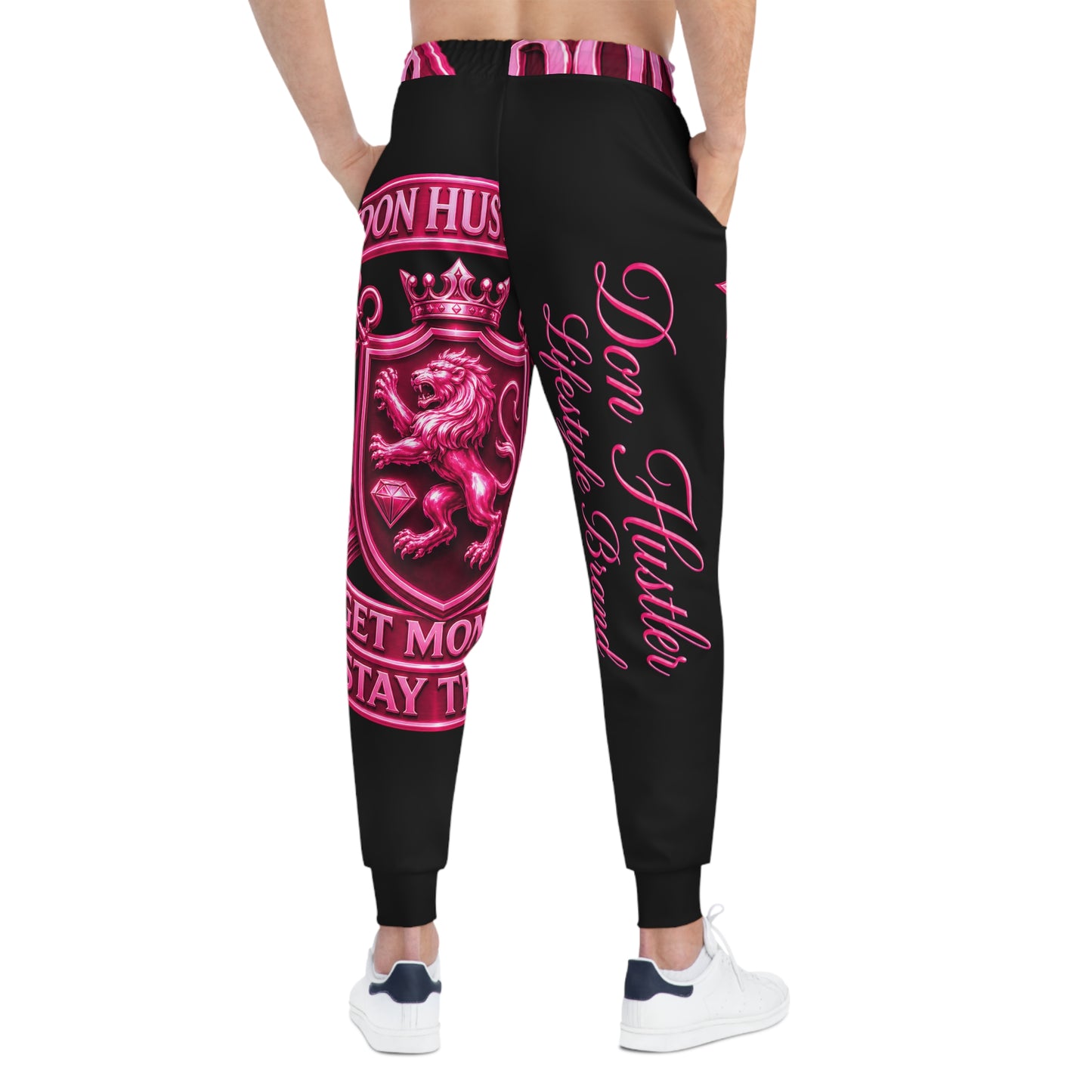 Pink Don Hustler Lion Crest Joggers — Athletic Streetwear Sweatpants