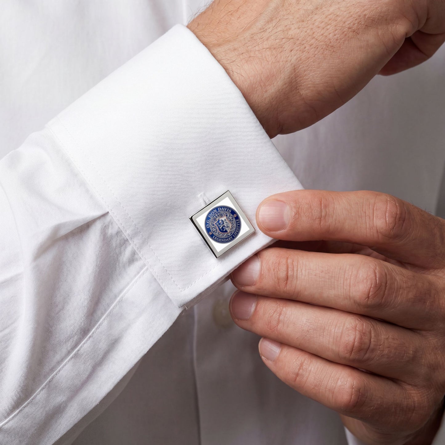 Silver Square Cufflinks with Blue Crest Emblem — Formal Wedding & Office Accessory