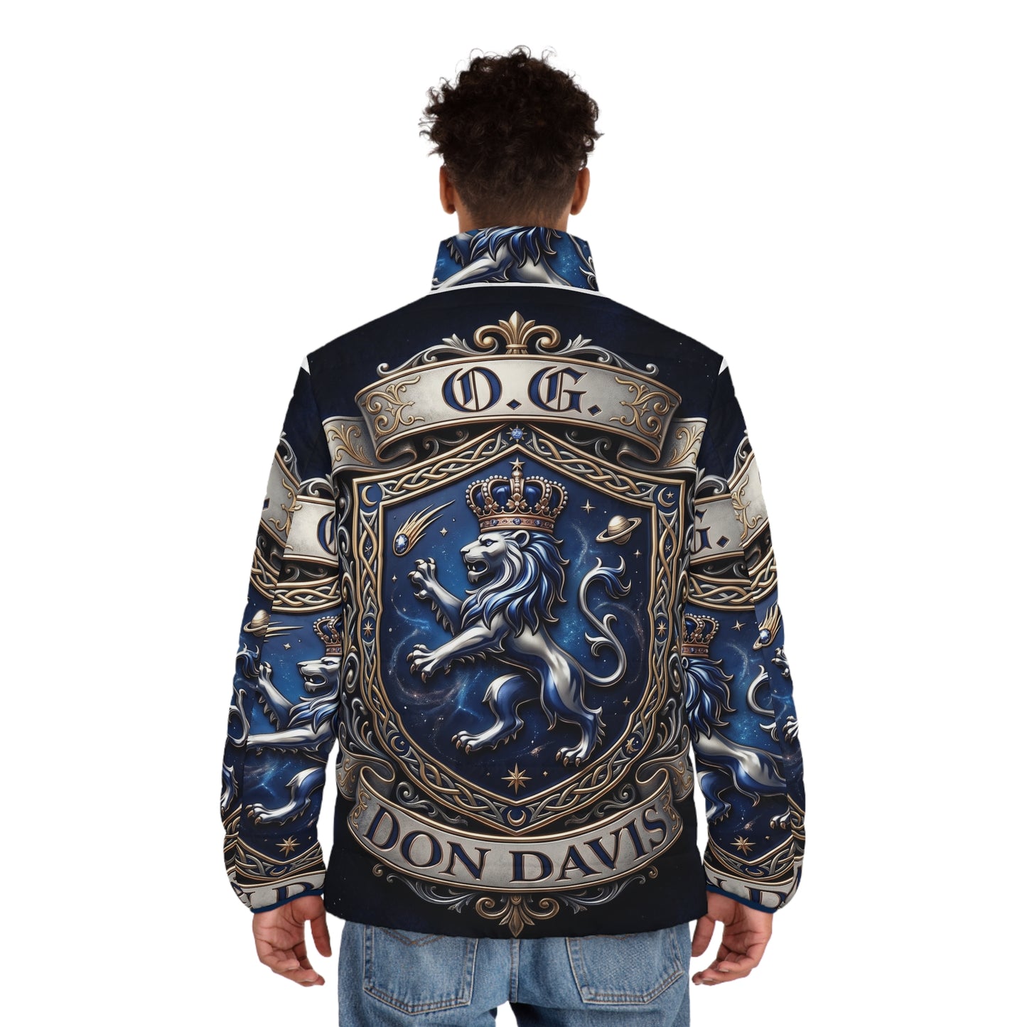 Crested Puffer Jacket — 'O.G. Don Davis' Heraldic Lion Design