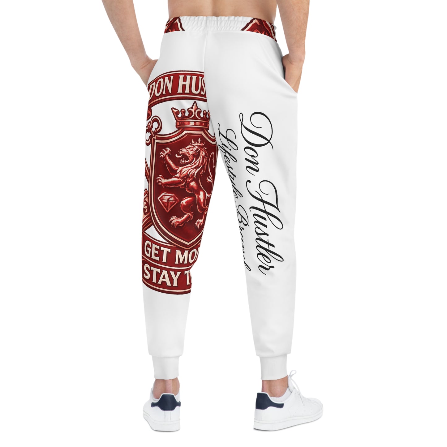 Red Don Hustler Lion Crest Joggers — Athletic Streetwear Sweatpants