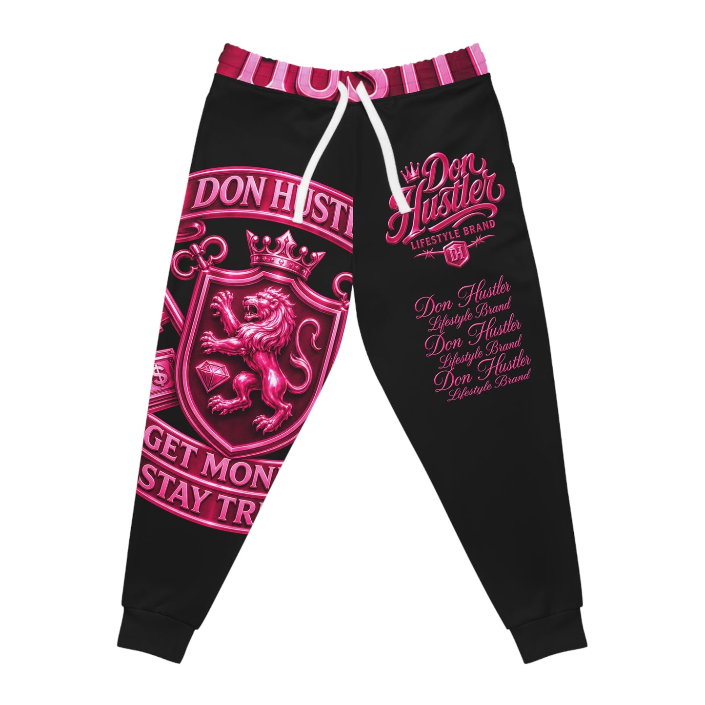 Pink Don Hustler Lion Crest Joggers — Athletic Streetwear Sweatpants