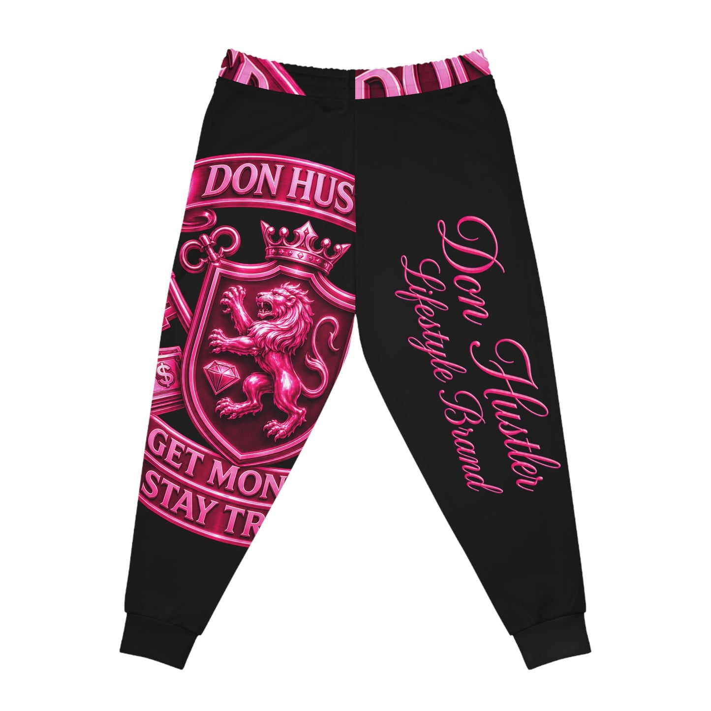 Pink Don Hustler Lion Crest Joggers — Athletic Streetwear Sweatpants