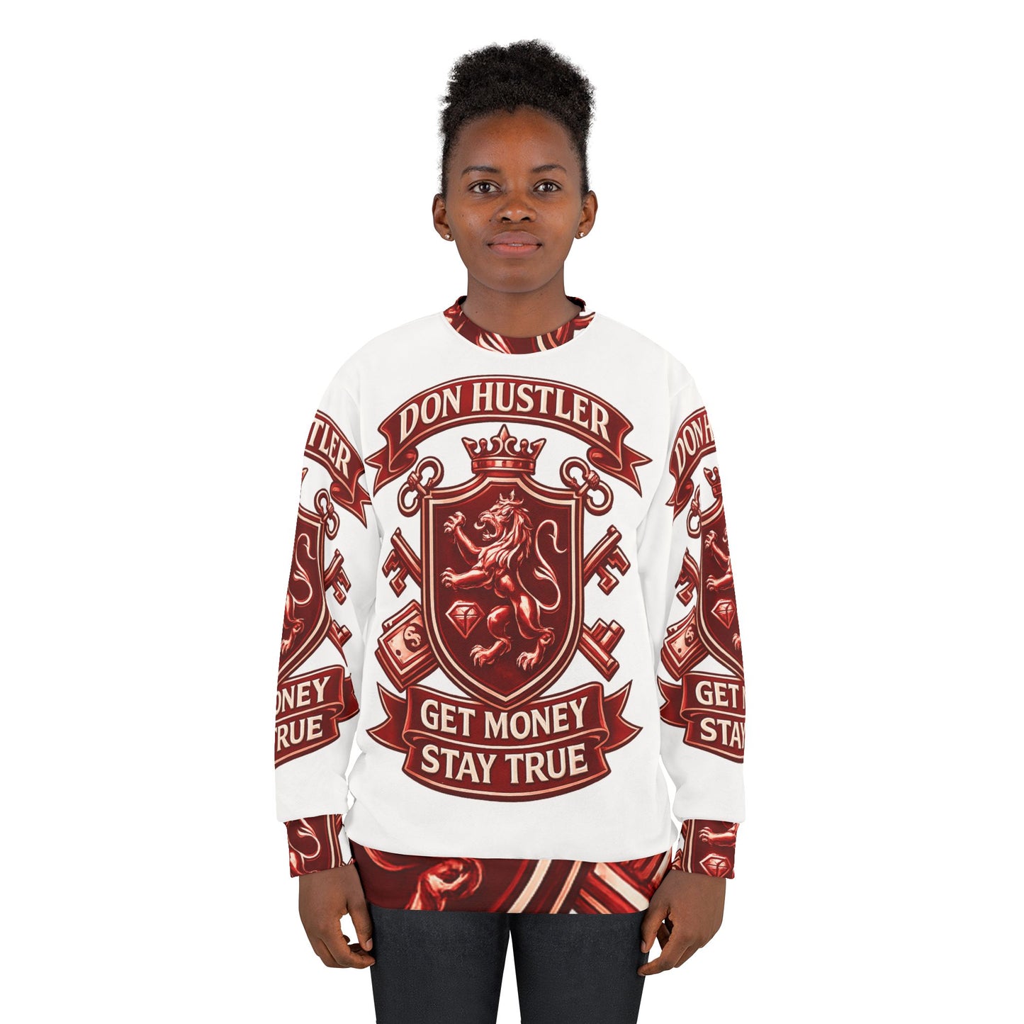 Red Don Hustler Crest Sweatshirt — Get Money Stay True Graphic Crewneck