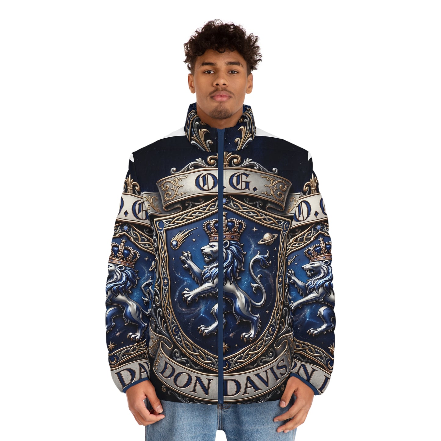Crested Puffer Jacket — 'O.G. Don Davis' Heraldic Lion Design