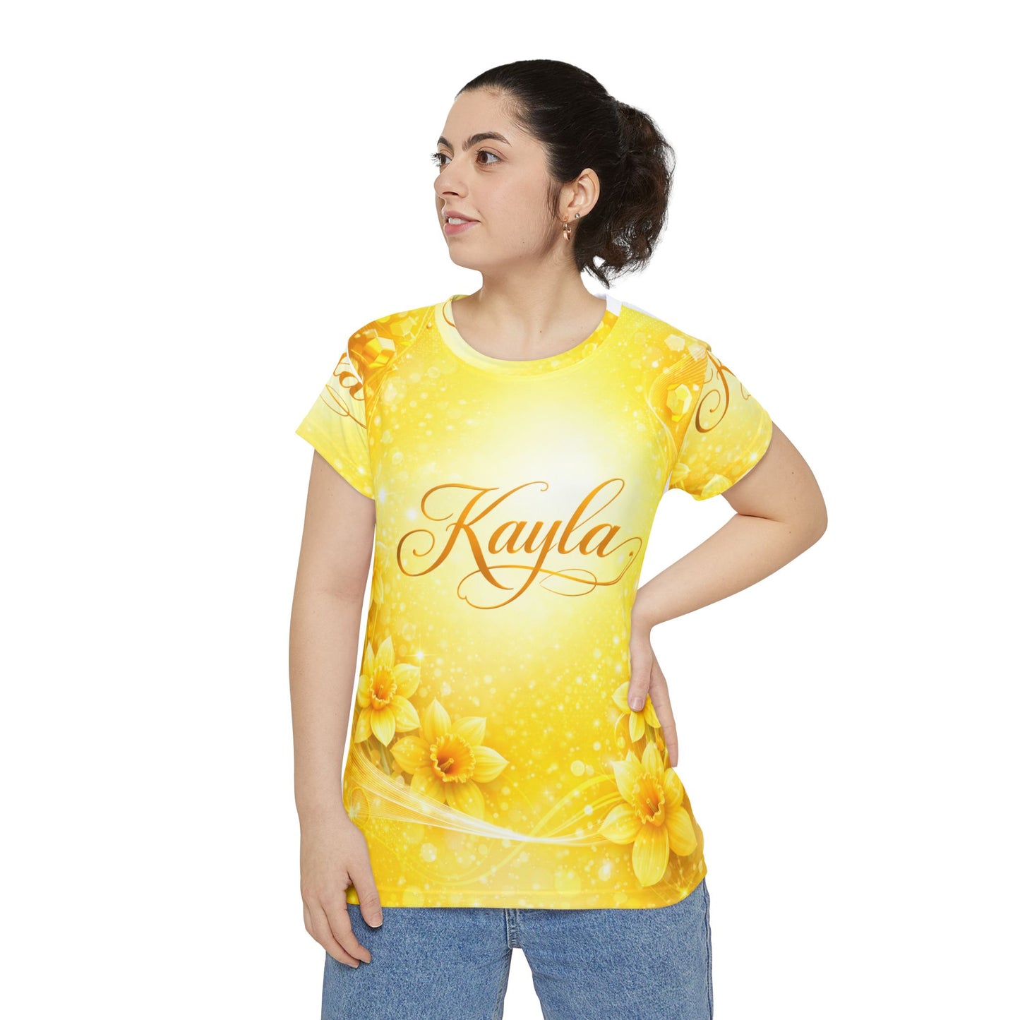 Kayla Floral Name Tee — Women's Yellow Daffodil Short Sleeve Shirt