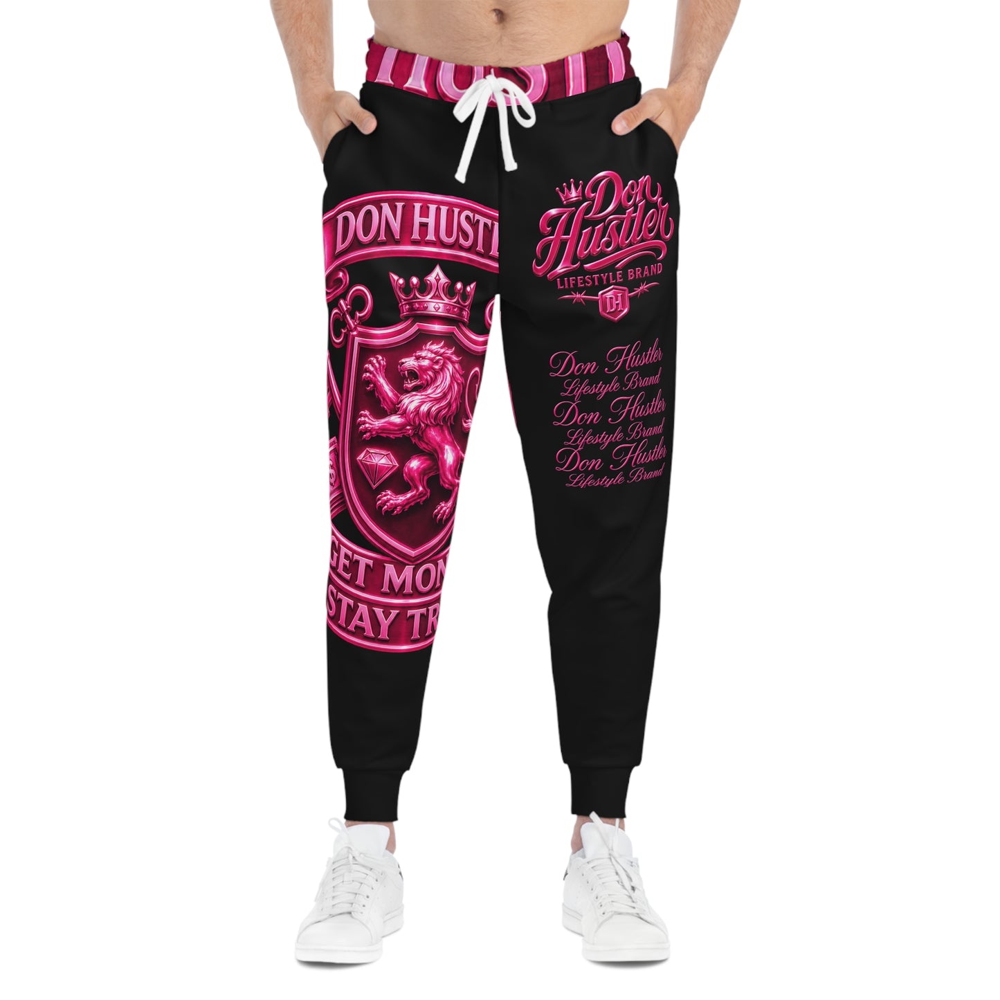 Pink Don Hustler Lion Crest Joggers — Athletic Streetwear Sweatpants