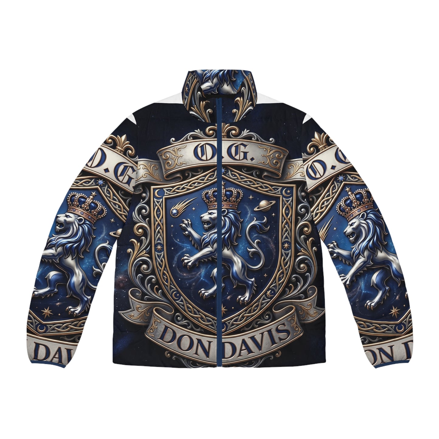 Crested Puffer Jacket — 'O.G. Don Davis' Heraldic Lion Design