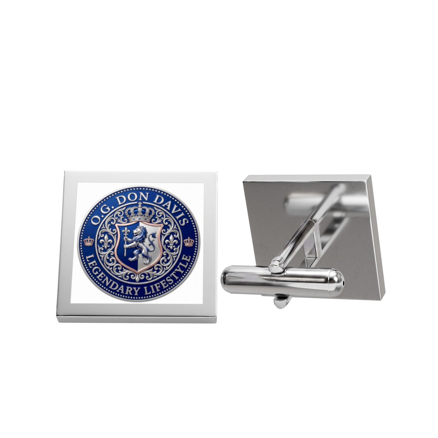 Silver Square Cufflinks with Blue Crest Emblem — Formal Wedding & Office Accessory