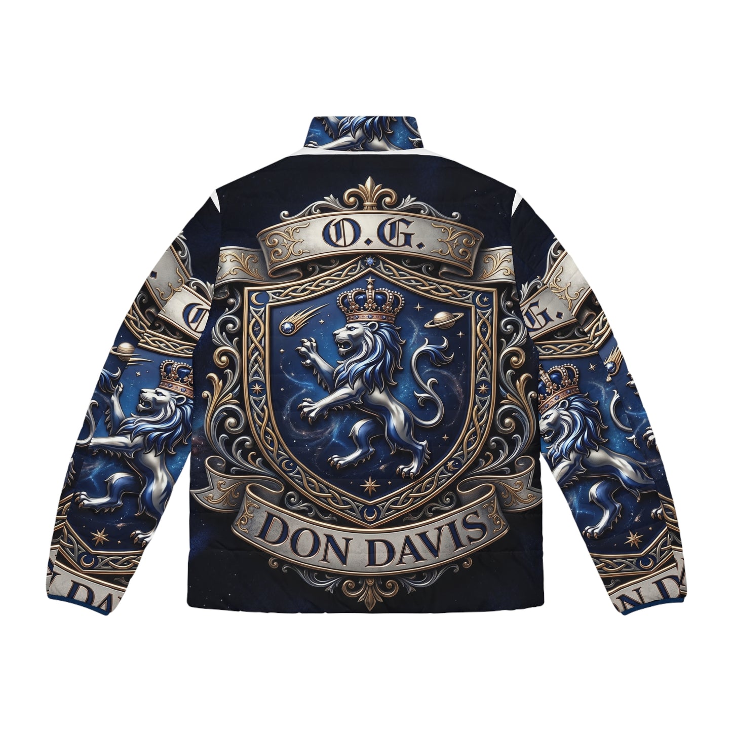 Crested Puffer Jacket — 'O.G. Don Davis' Heraldic Lion Design