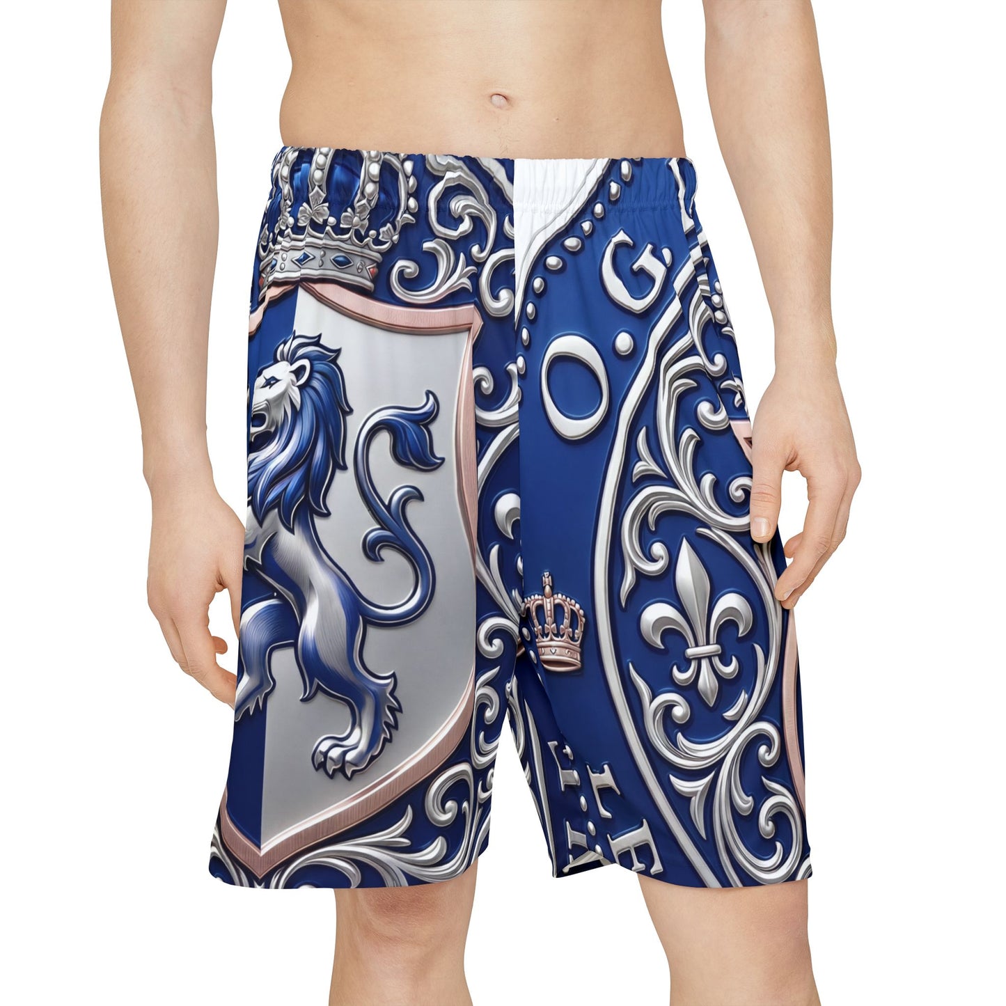 Regal Lion Crest Sports Shorts — Blue Heraldic Athletic Shorts