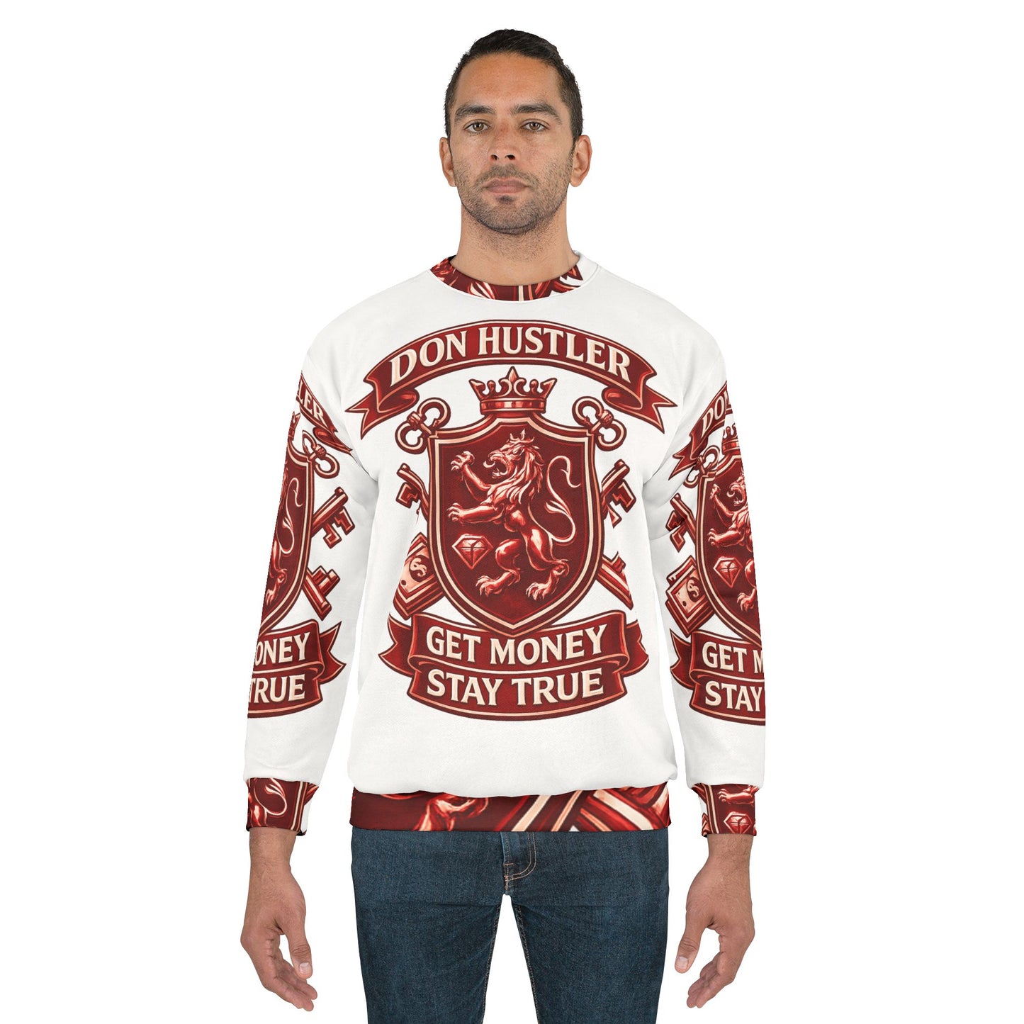 Red Don Hustler Crest Sweatshirt — Get Money Stay True Graphic Crewneck