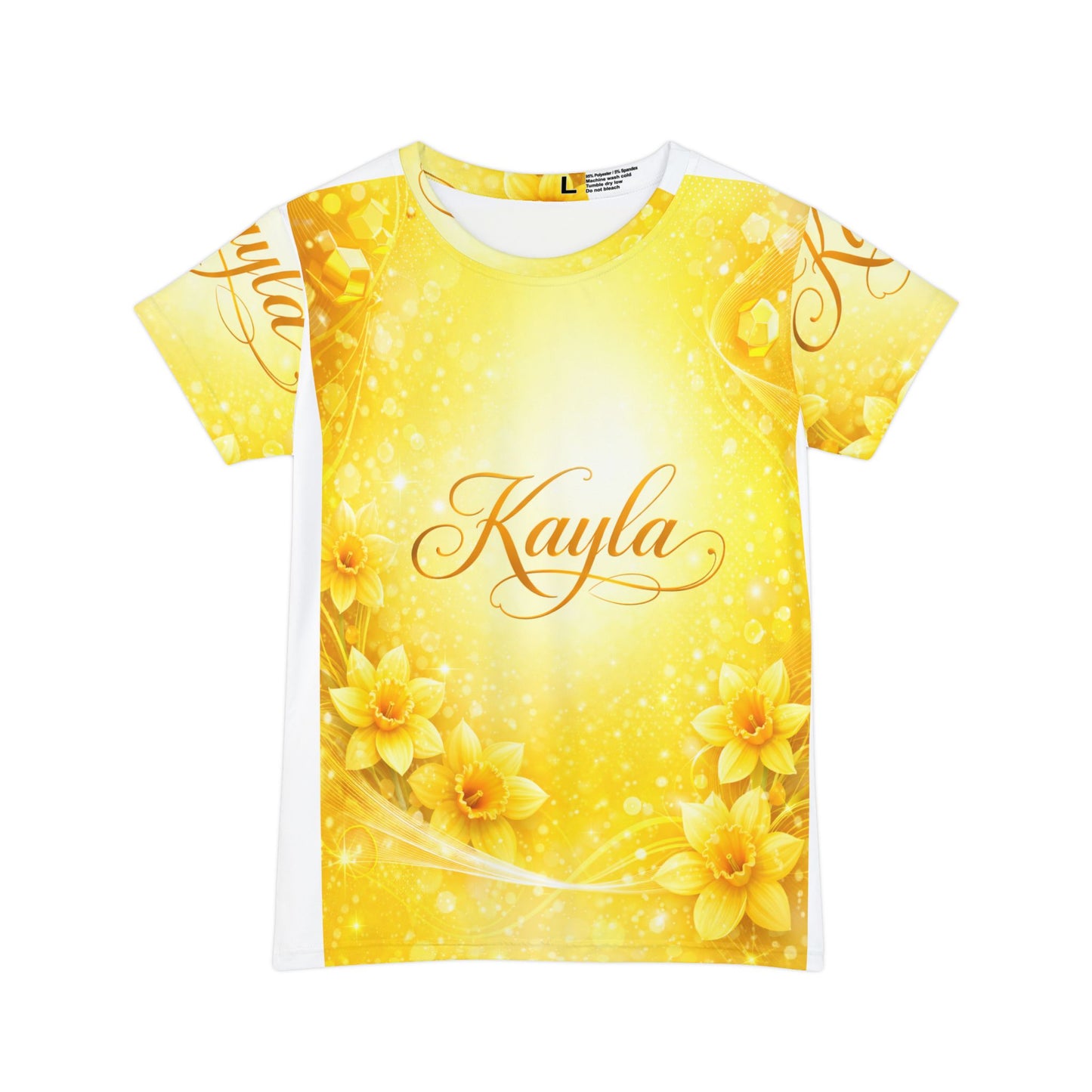 Kayla Floral Name Tee — Women's Yellow Daffodil Short Sleeve Shirt