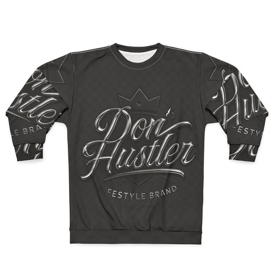 Don Hustler Script Logo Sweatshirt — All-Over Print Streetwear Crewneck