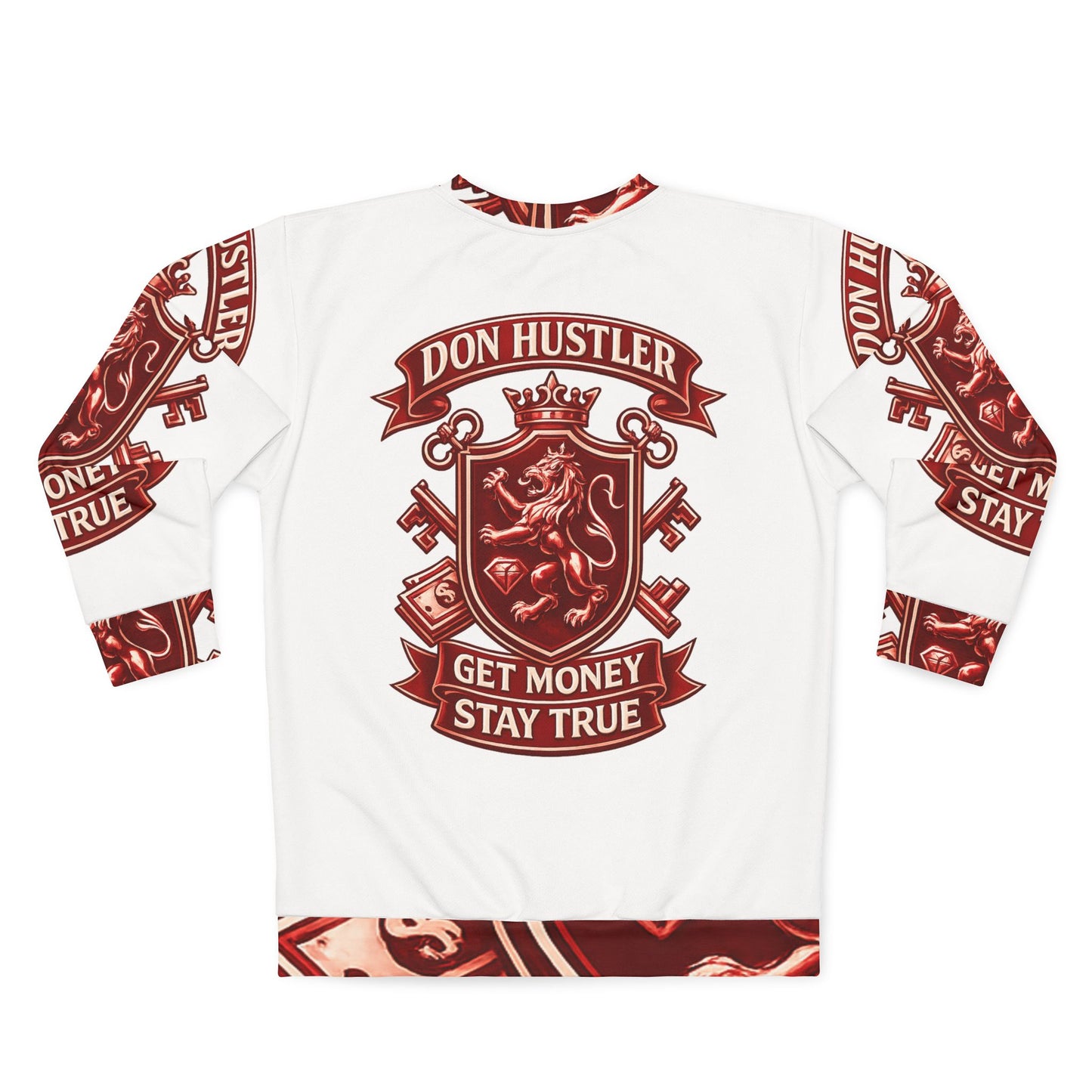 Red Don Hustler Crest Sweatshirt — Get Money Stay True Graphic Crewneck