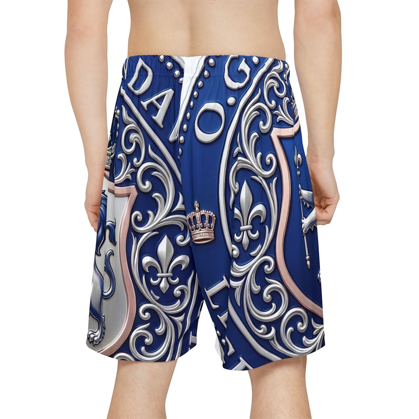 Regal Lion Crest Sports Shorts — Blue Heraldic Athletic Shorts