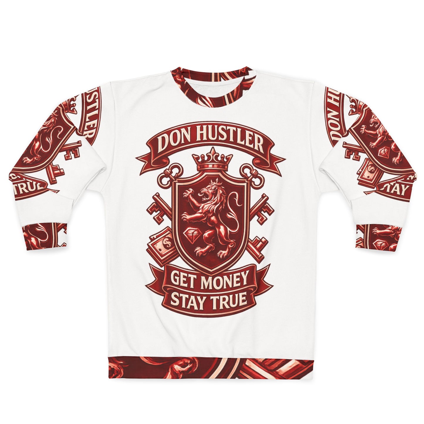 Red Don Hustler Crest Sweatshirt — Get Money Stay True Graphic Crewneck