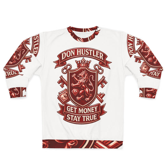 Red Don Hustler Crest Sweatshirt — Get Money Stay True Graphic Crewneck